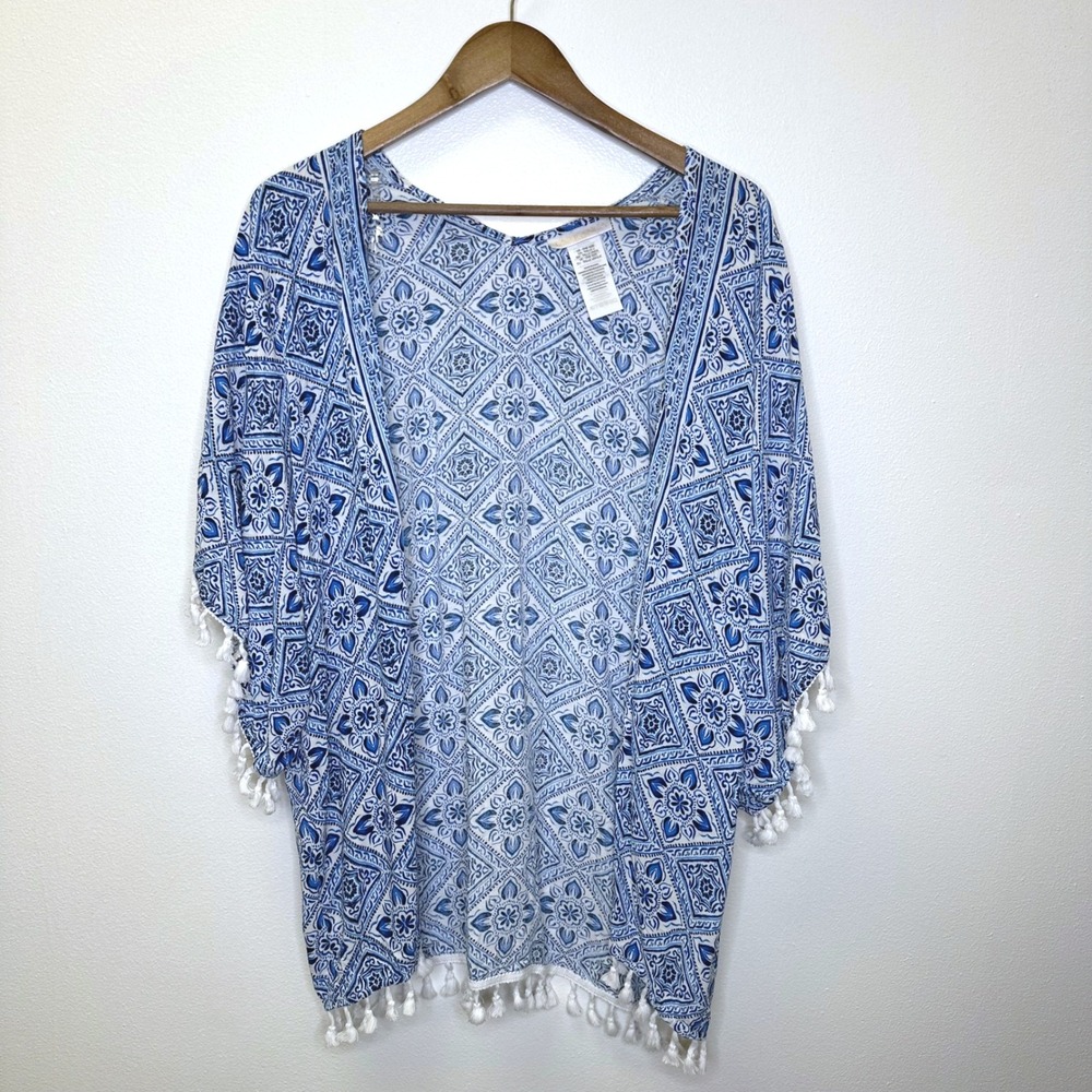 La Blanca Tassel Trim Kimono Swim Cover Up Capri Blue OS